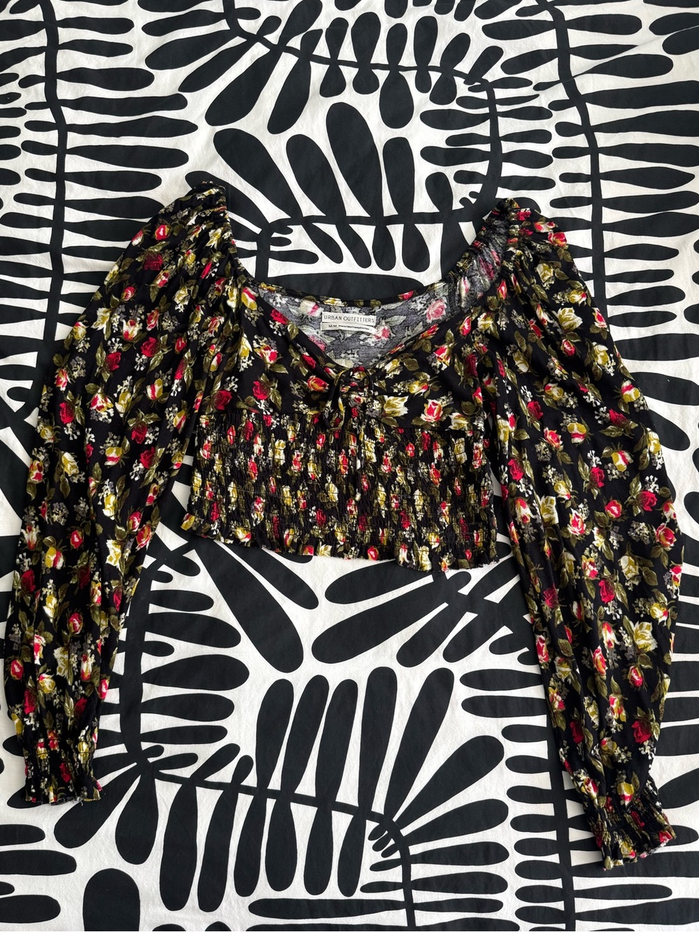 Urban Outfitters Black Floral Smocked Crop Top with Puff Sleeves